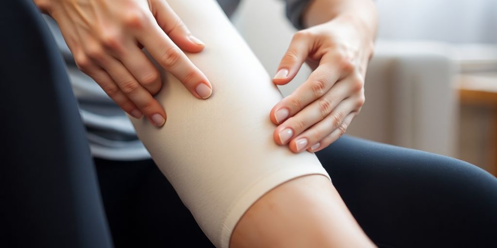 Person applying compression garment to leg.