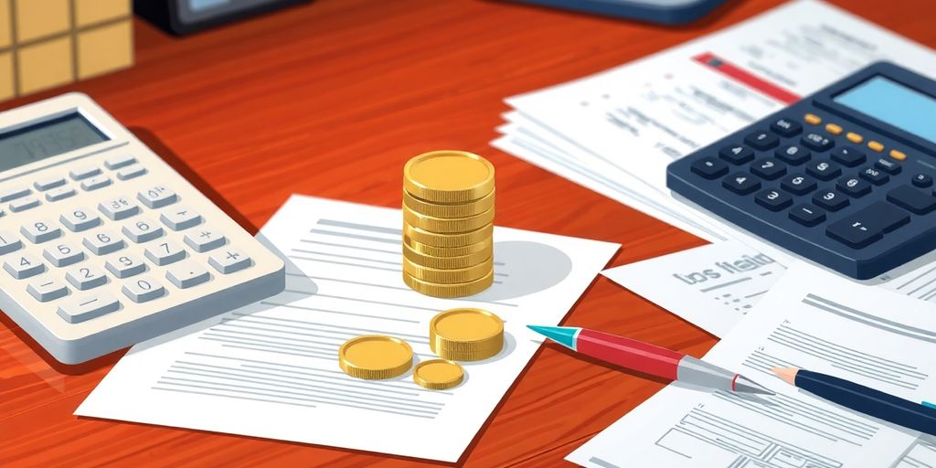 Calculator, coins, and financial documents.