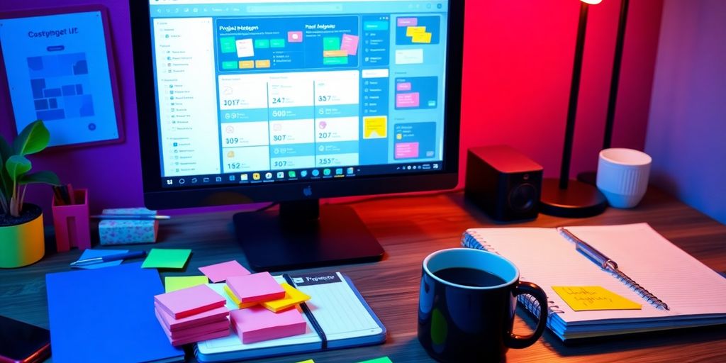 Colorful workspace with project management tool on screen.