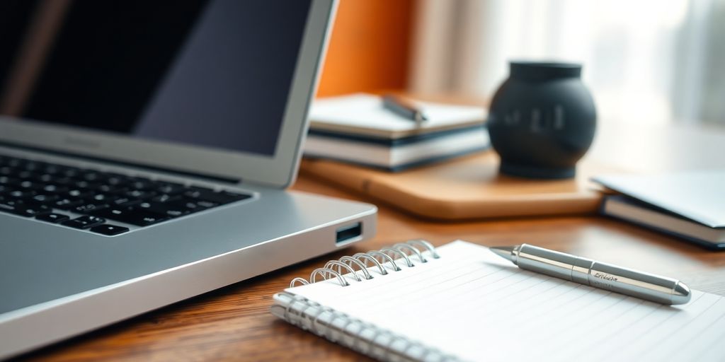 Professional workspace with laptop, notepad and pen.