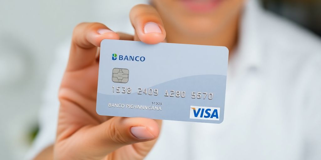 Hand holding Banco Pichincha Visa card, bright.