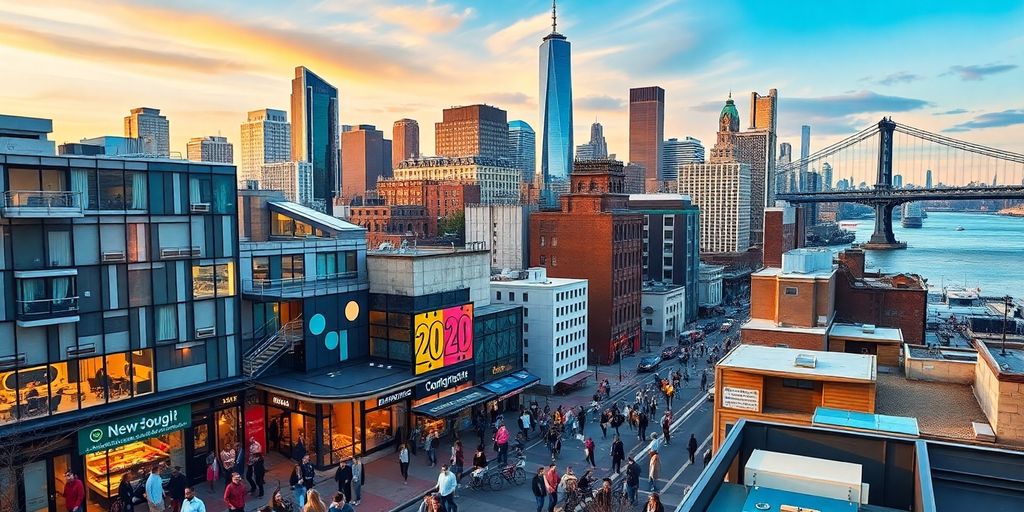 Colorful NYC skyline with modern buildings and busy streets.