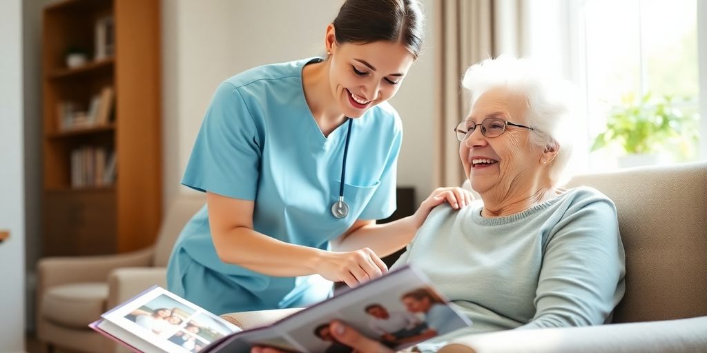 Caregiver assisting senior with daily tasks.