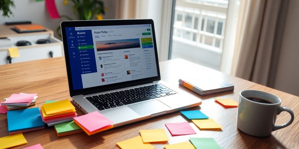 A colorful workspace featuring a laptop and sticky notes.