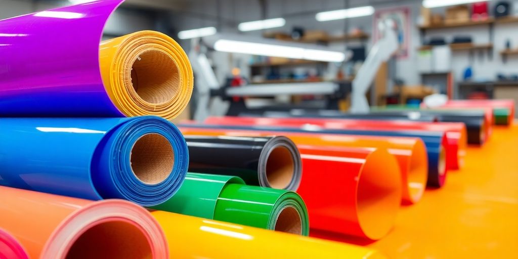Colorful vinyl rolls, cutting tools, bright workshop.