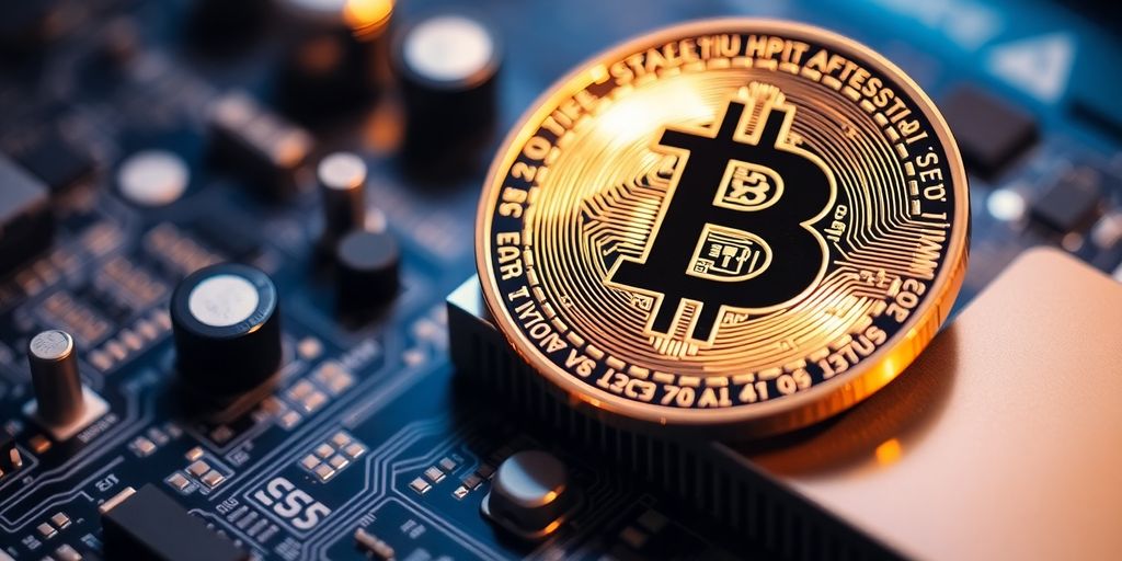 Moneta Bitcoin su una scheda circuitale digitale.