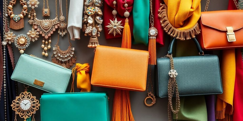 Colorful fashion accessories for women, including handbags and jewelry.