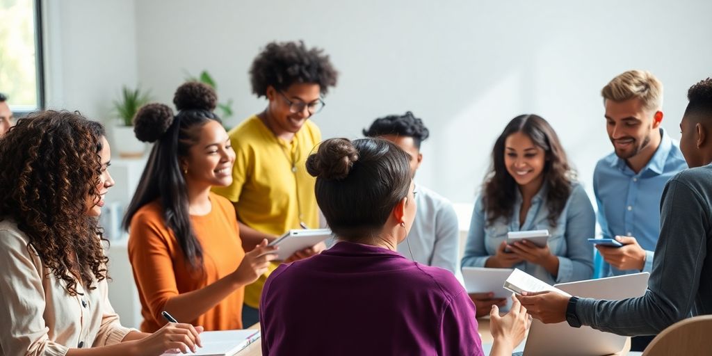 Diverse group collaborating in a creative workspace setting.