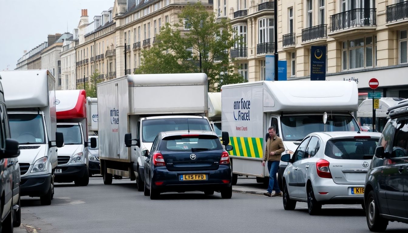 Busy London street with moving vans and pedestrians.