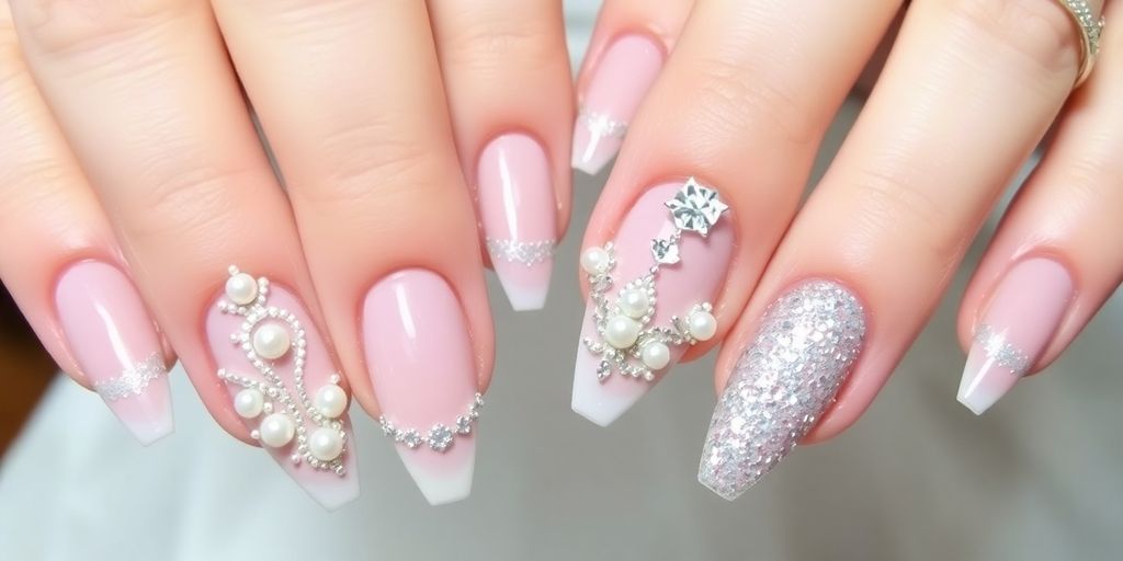 Unhas decoradas para casamento com detalhes elegantes.