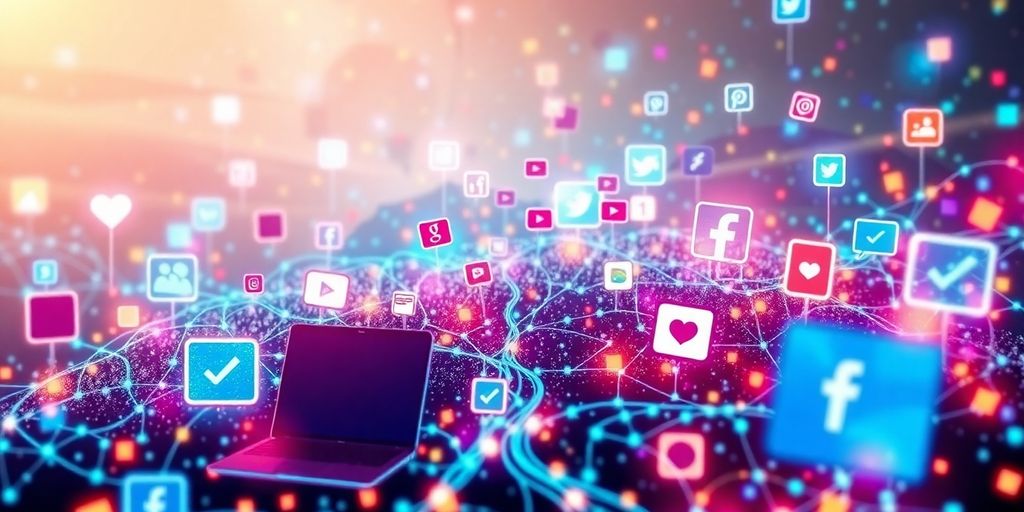 Paisagem digital com dispositivos e ícones de redes sociais.