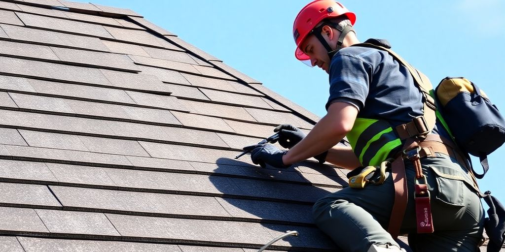 Roofer repairing shingles on a house roof.