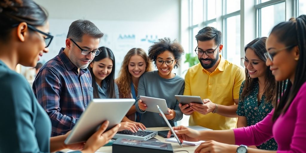 Grupo diversificado em treinamento técnico com tecnologia moderna.