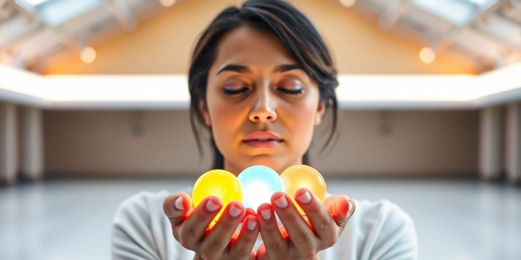 A person holding vibrant, colorful thought bubbles.