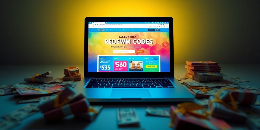 Laptop with colorful website and currency notes around it.