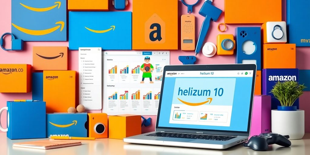 Collage of Amazon products and Helium 10 tools.