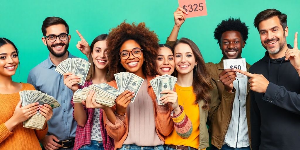 Influencers holding money and pointing at different price tags.