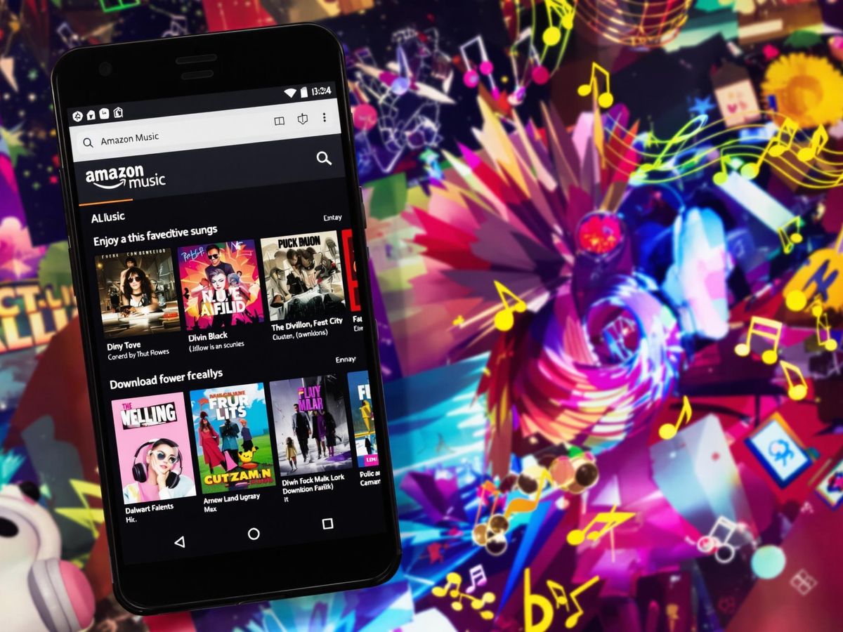 Android phone with Amazon Music app and vibrant album covers.