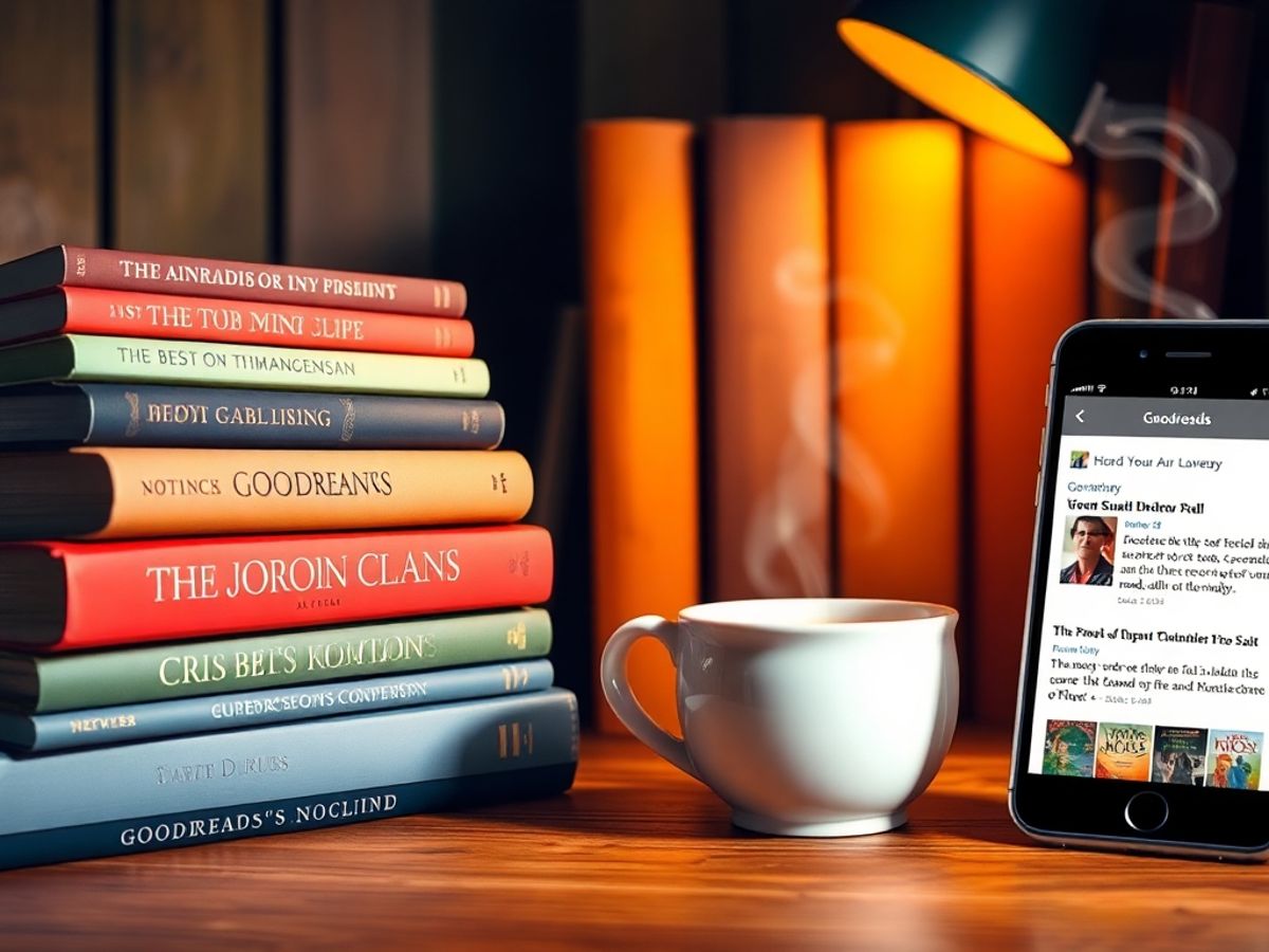 Cozy reading nook with books and Goodreads app on phone.