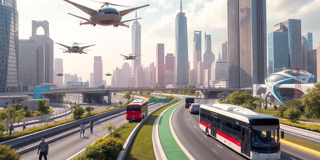 Cidade futurista com transporte avançado e espaços verdes.