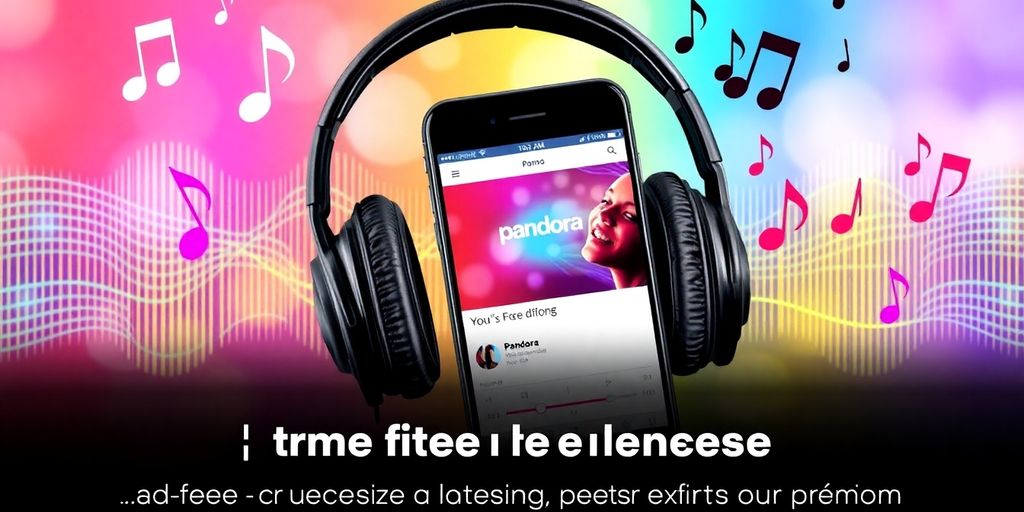 Colorful music notes and headphones with smartphone displaying Pandora.