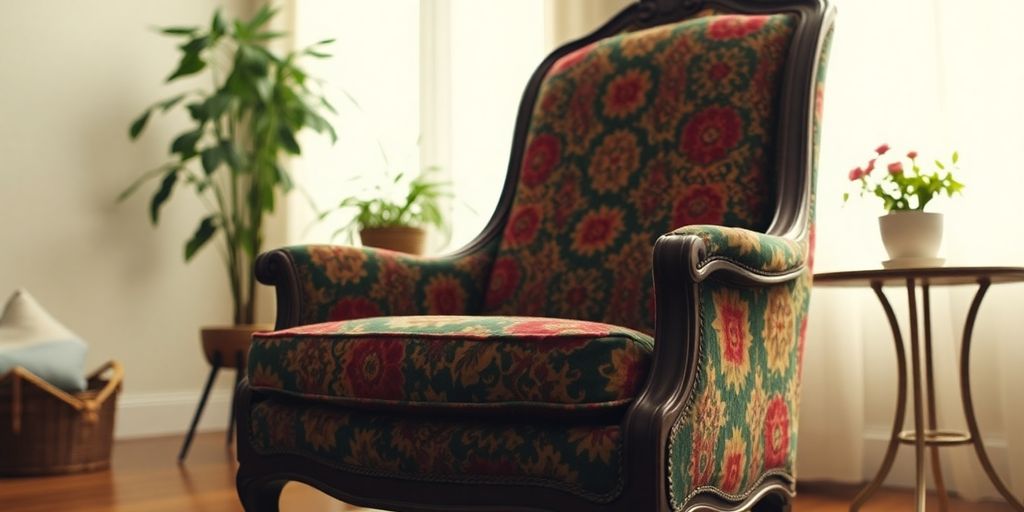 Vintage armchair in bright room with potted plant.