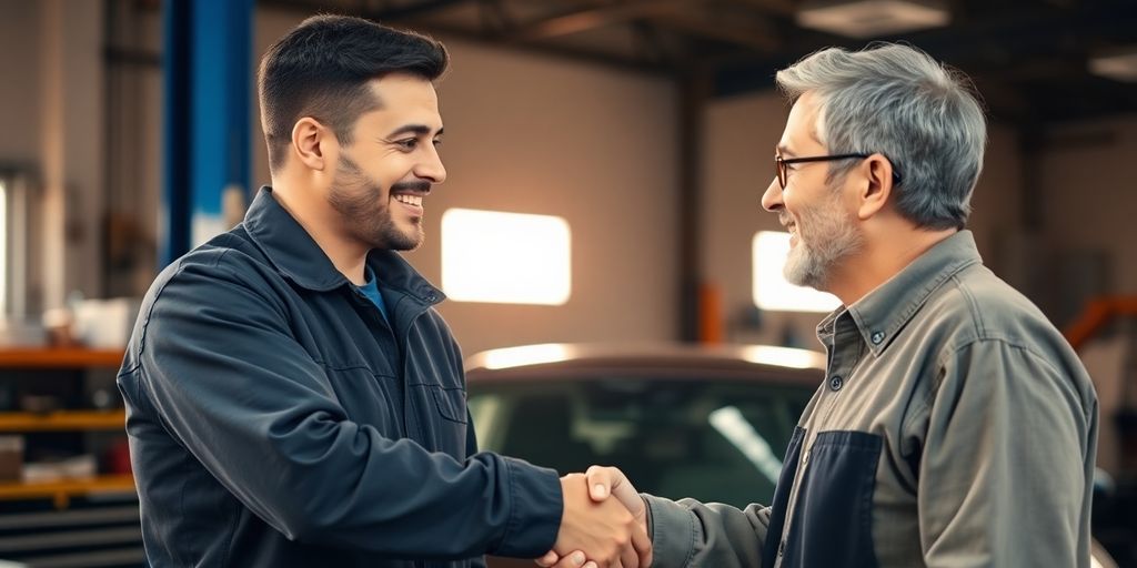 Mechanic and car owner shaking hands near a car.