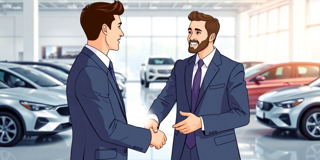 Car salesman shaking customer's hand.