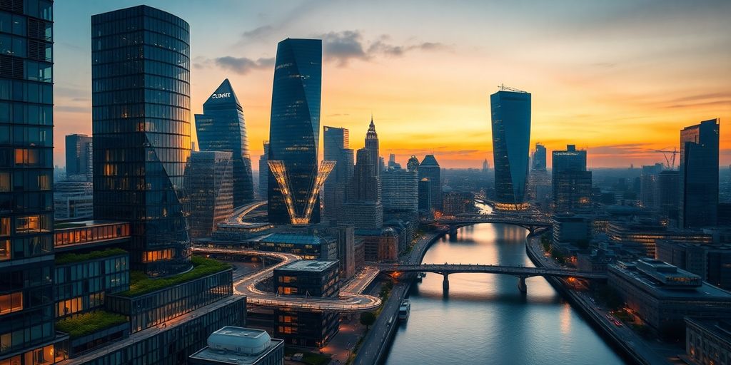 Futuristic London skyline with green spaces.