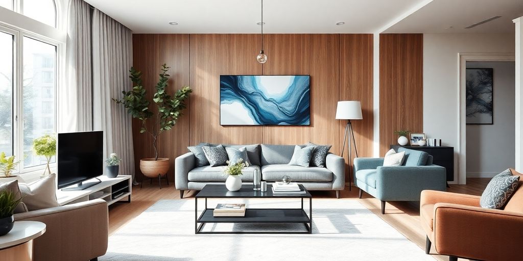 Modern living room with smart home features and decor.