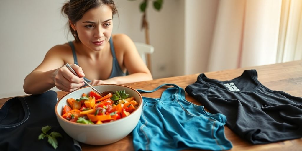 Woman eating healthy food and choosing workout clothes.