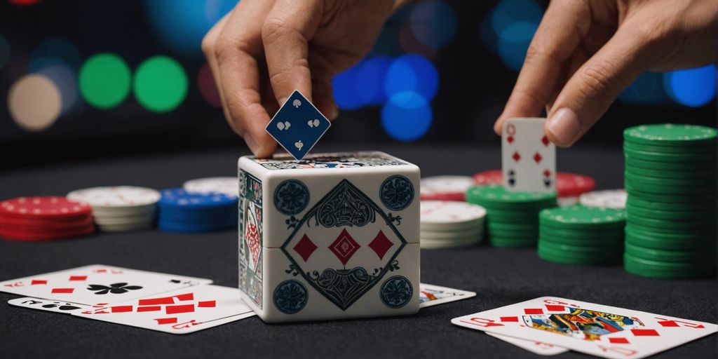 Fusion of poker and mahjong tiles with a futuristic AI brain in the background.