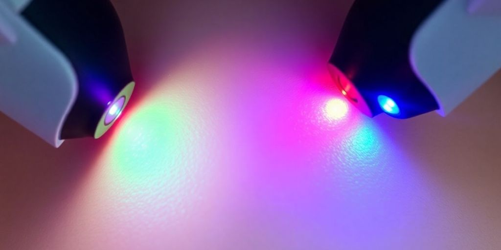 Laser hair removal device heads emitting red and blue glows.