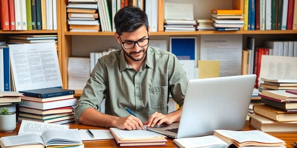 Researcher at a desk with books and a laptop.