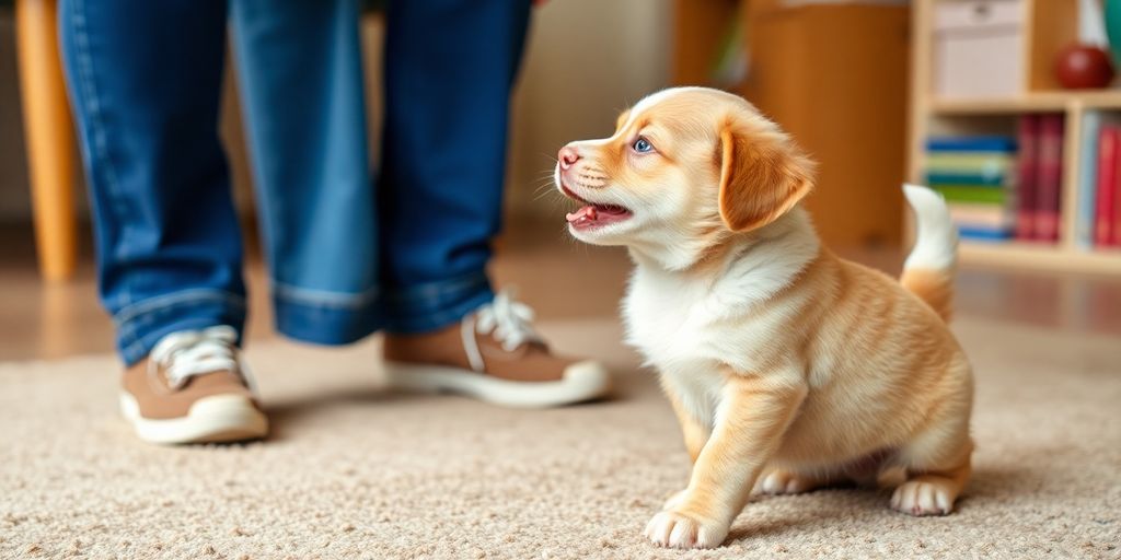Puppy happily responding to its owner calling its name.