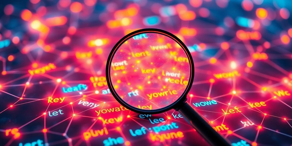 Magnifying glass over glowing keywords on a digital landscape.