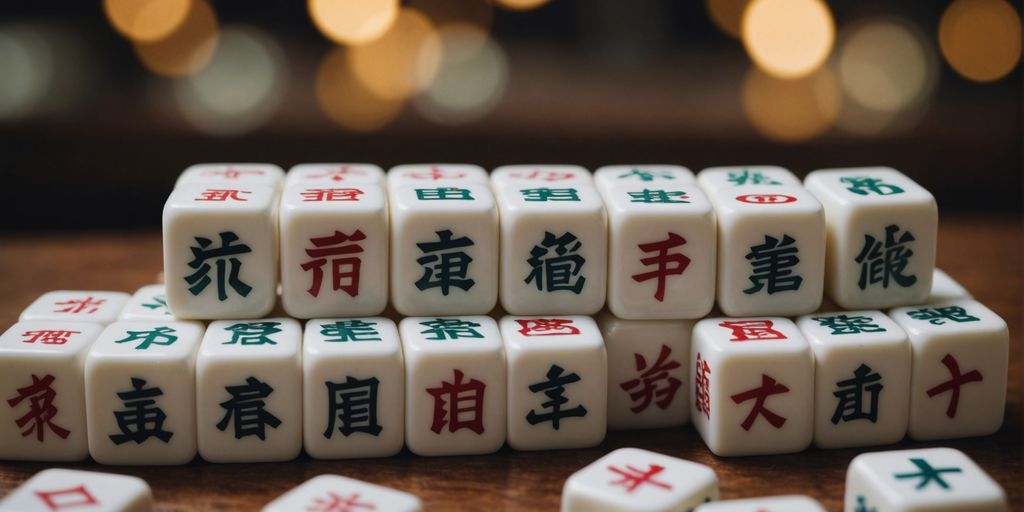 Close-up of Mahjong character tiles in a neat arrangement.