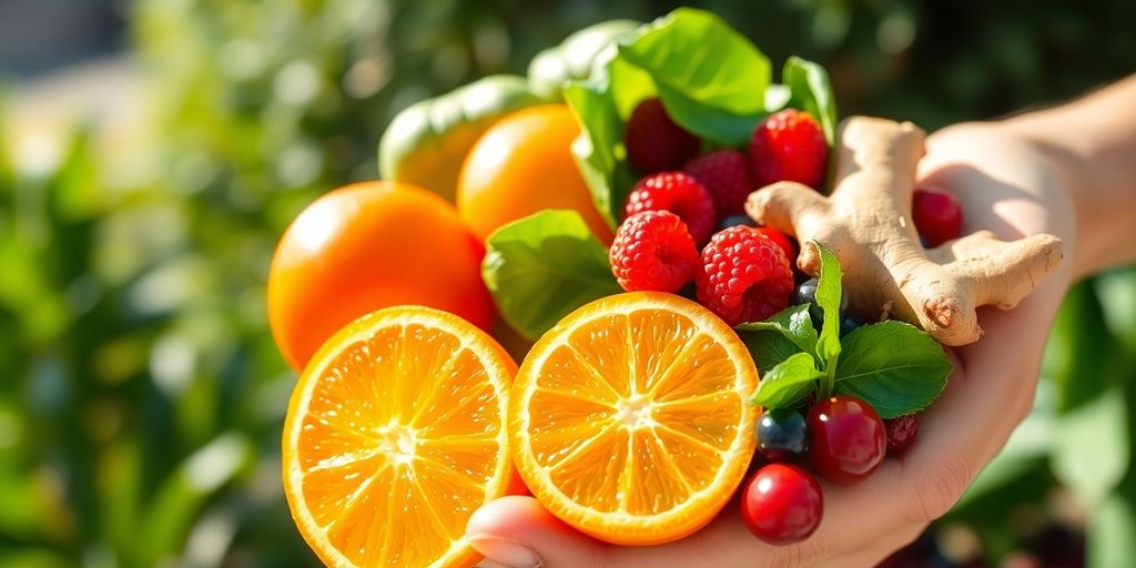 Hand holding fresh oranges, spinach, ginger, and berries in sunlight.