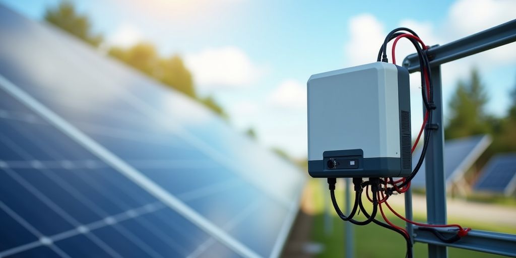 Solar panels with string inverters installed in bright sunlight.