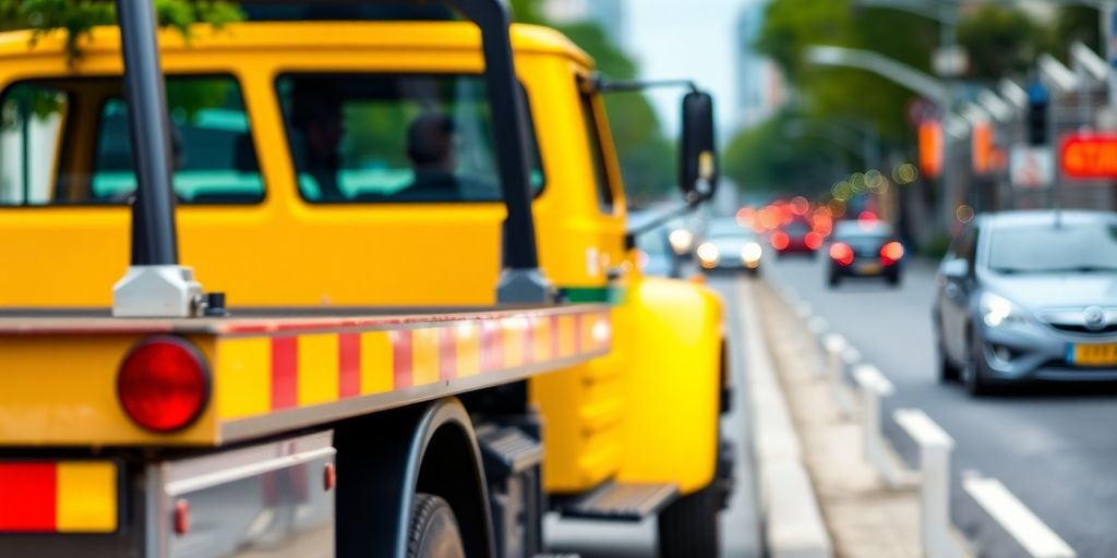 Tow truck parked on roadside ready to assist drivers.