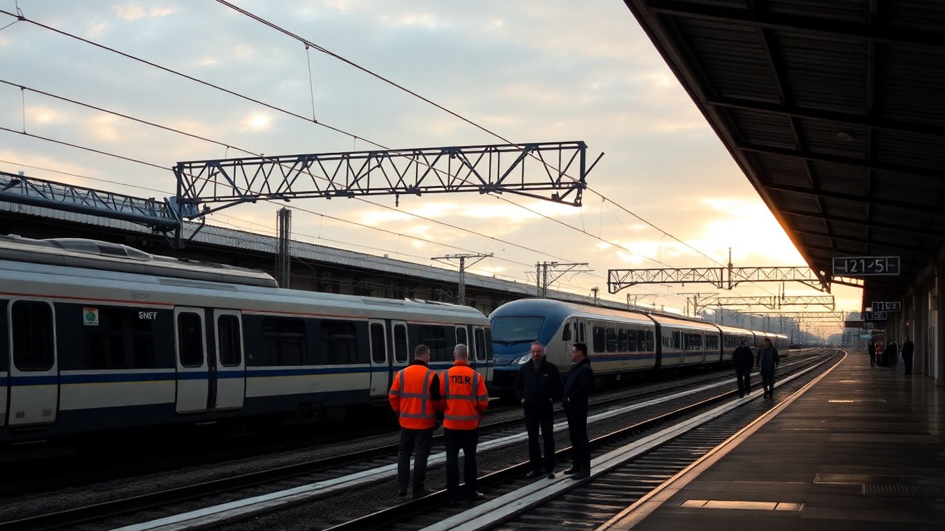 Gare française à l’aube, trains immobiles, agents en gilets orange.