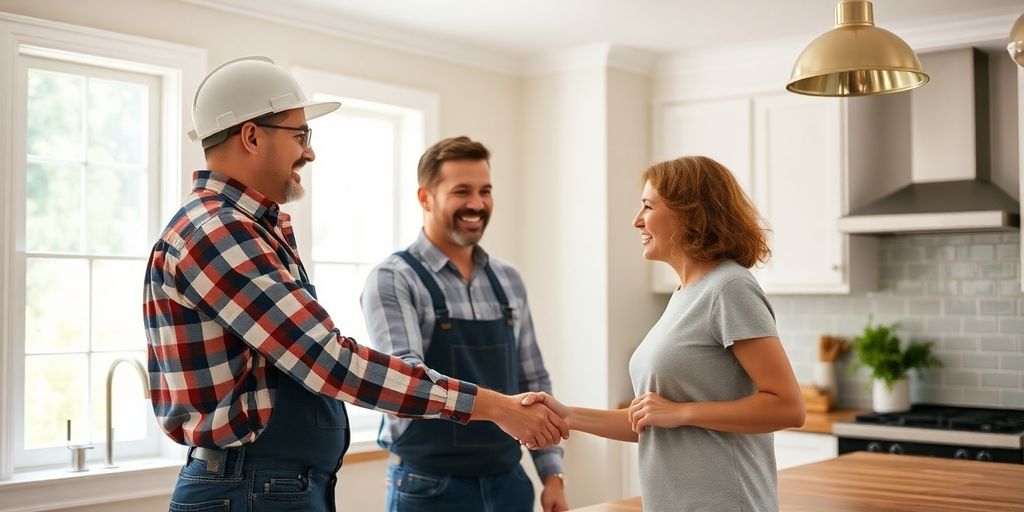 Hands shaking over blueprints for a remodeled home.