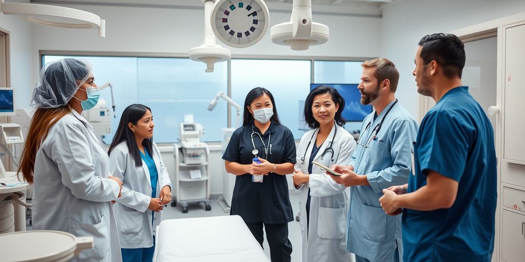 Healthcare professionals collaborating in a modern medical facility.