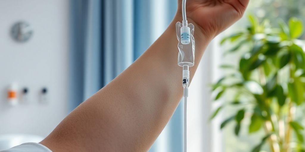 Person receiving IV drip in serene setting