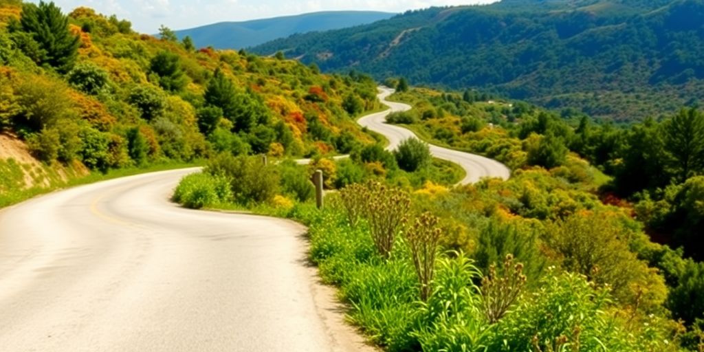 Winding road through a vibrant, evolving landscape.