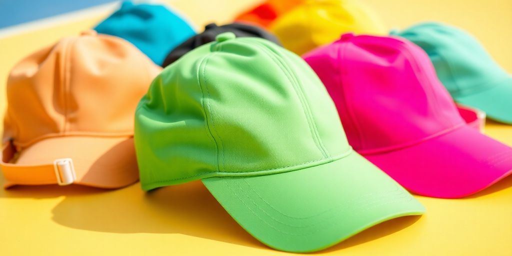 Assorted adjustable pickleball hats in bright colors.