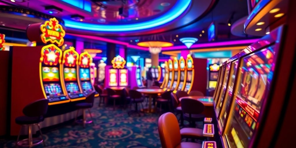 Casino lumineux avec tables de jeu et machines à sous.
