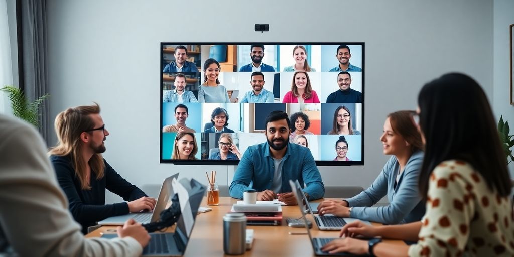 Group of professionals in a meeting room engaging in video conferencing, with a large screen displaying multiple remote participants, showcasing collaboration and remote teamwork.
