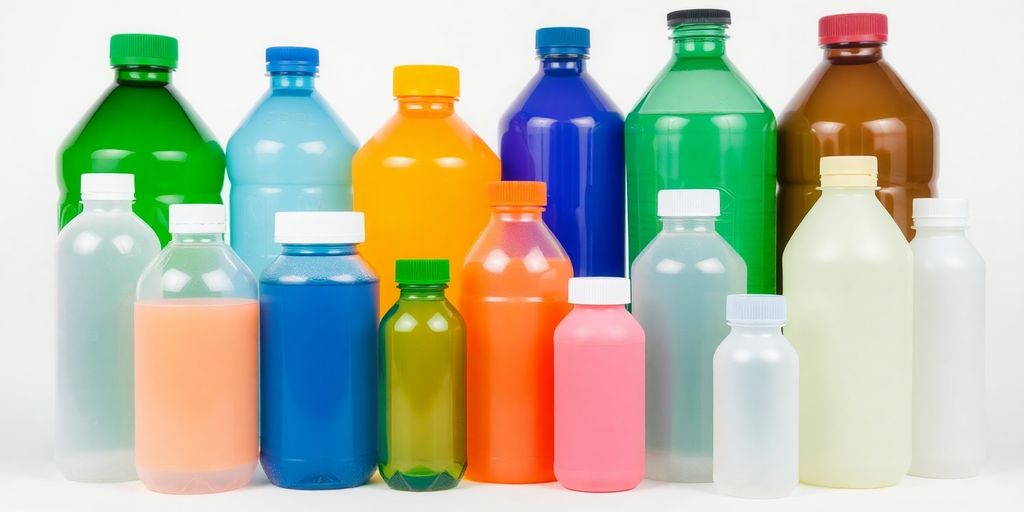 Variety of clear polyethylene bottles on a simple background.