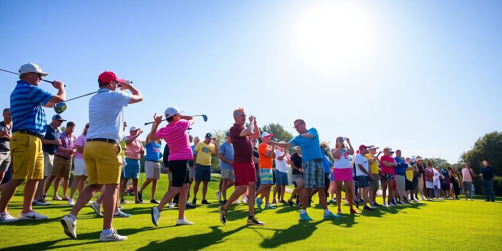 Amateur golfers competing on a sunny green golf course.